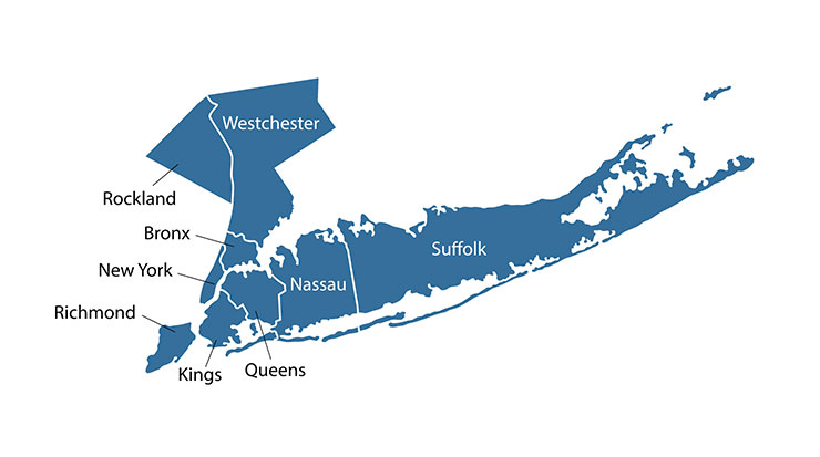 map image showing the 5 boroughs of NYC including long island